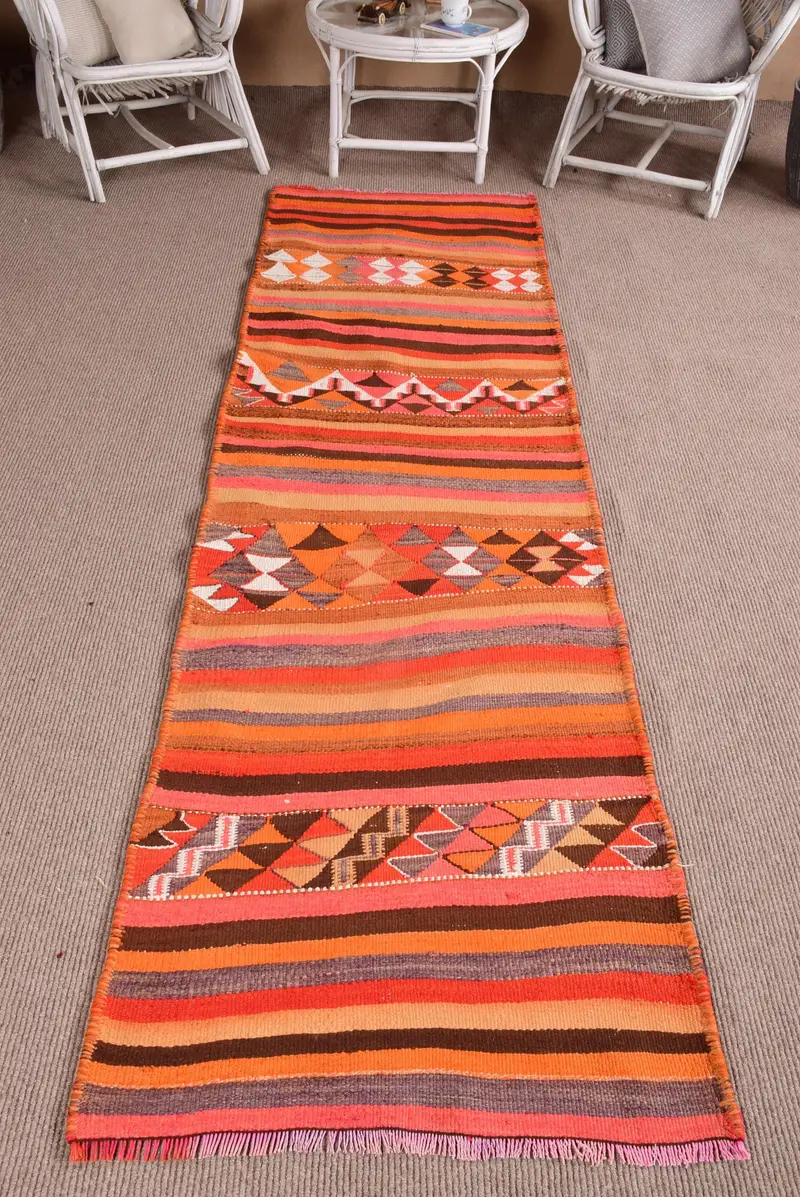 Türk Vintage Halısı, 2.8x9.7 ft Kilim Halısı, Turuncu Kahverengi Fas Yün Halısı - 1