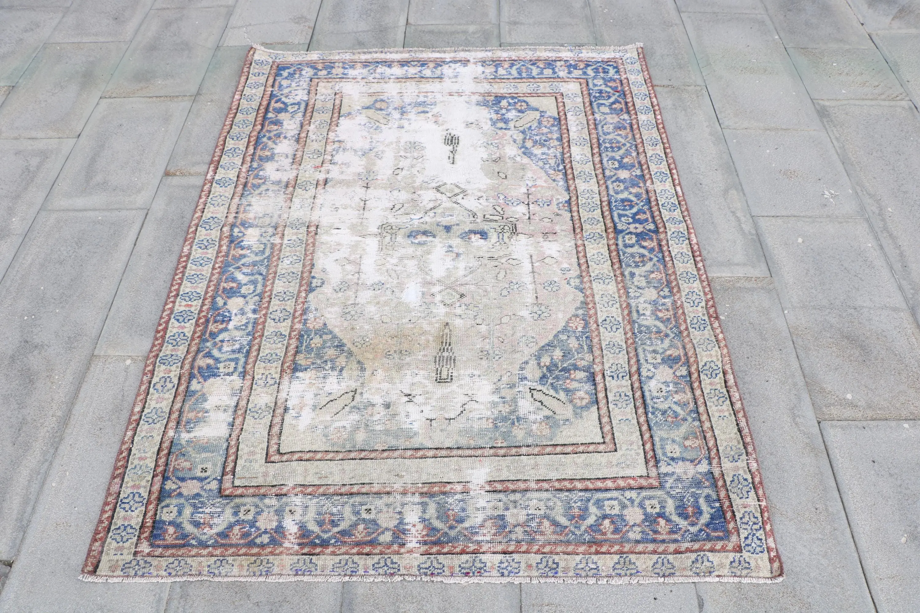 Vintage Halı, 4x5.3 ft Accent Halı, Mavi Güneybatı Yün Türk Halısı - 1