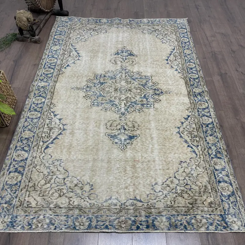 Turkish Vintage Area Rug 5.1x7.8 ft, Oushak Blue Wool Rug - 1