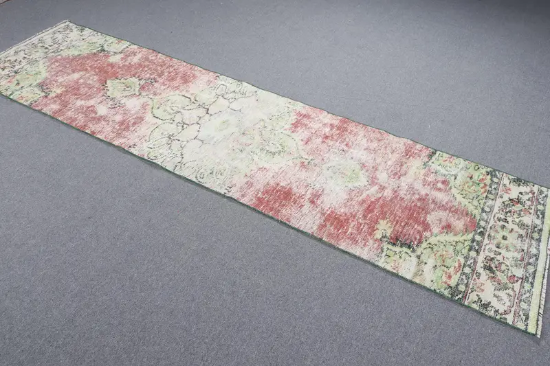 2,3x9 ft Green Rug, Southwestern Pattern with Purple Accents