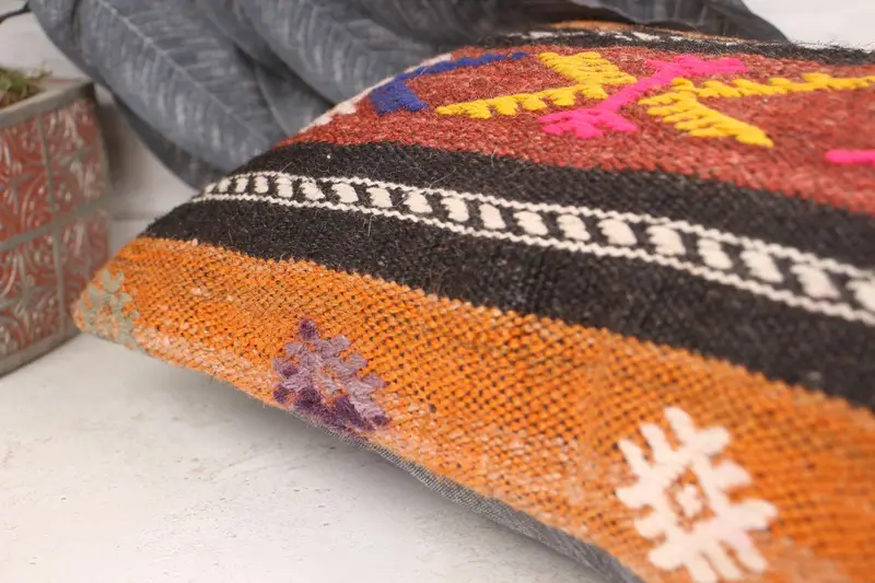 Interior Designer Pillow, Kilim Cushion Sham, Handmade Rug Seat Pillow, Muted Pillow Cover, 12x24 Orange Cushion Case, Vintage Pillow, Cushion Case - 7