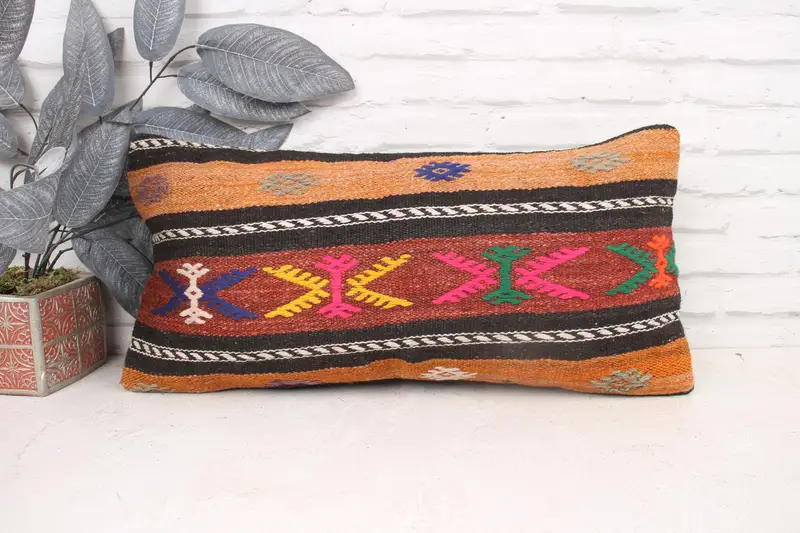 Interior Designer Pillow, Kilim Cushion Sham, Handmade Rug Seat Pillow, Muted Pillow Cover, 12x24 Orange Cushion Case, Vintage Pillow, Cushion Case - 1