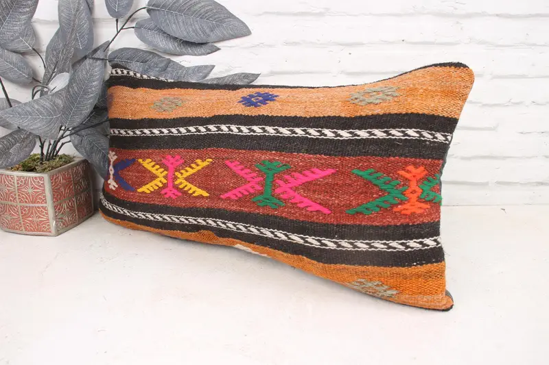 Interior Designer Pillow, Kilim Cushion Sham, Handmade Rug Seat Pillow, Muted Pillow Cover, 12x24 Orange Cushion Case, Vintage Pillow, Cushion Case - 4
