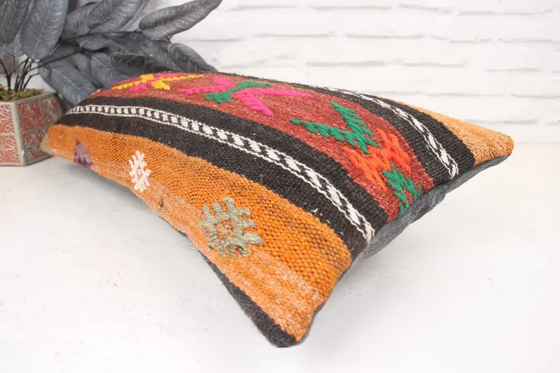 Interior Designer Pillow, Kilim Cushion Sham, Handmade Rug Seat Pillow, Muted Pillow Cover, 12x24 Orange Cushion Case, Vintage Pillow, Cushion Case - 6