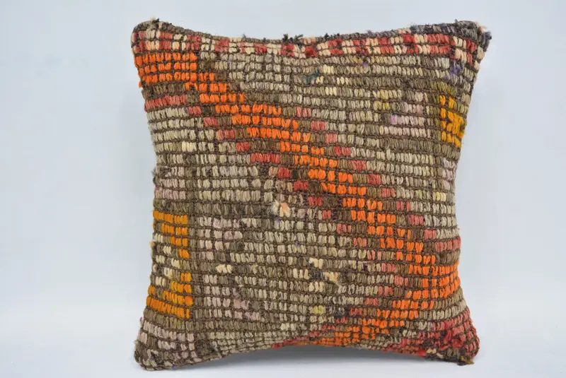 Orange & Blue Embroidered Pillow, 12x12 Inch Decorative Pillow - 1