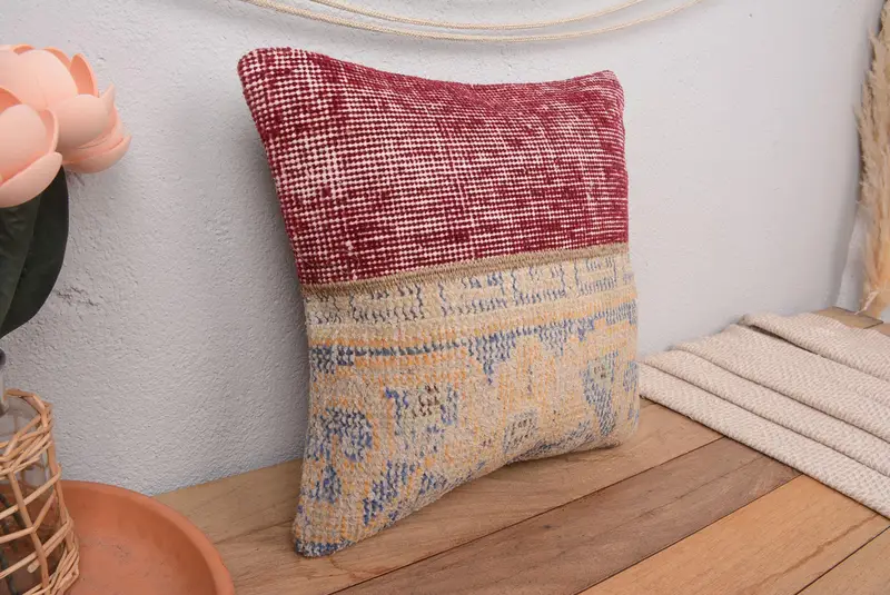 Blaues und rotes Patchwork-Wurfkissen, 14x14 besticktes Kissen