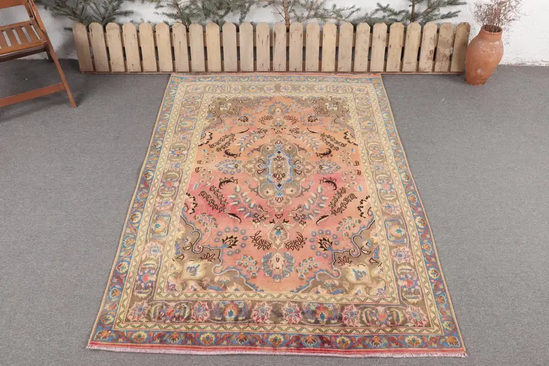 El Yapımı Turuncu Halı, Pembe Desenli 4,6x6,6 ft