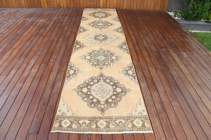 Turkish Vintage Rug, 2.9x12.9 ft Oushak Rug, Brown Runner Ombré Rug - 1