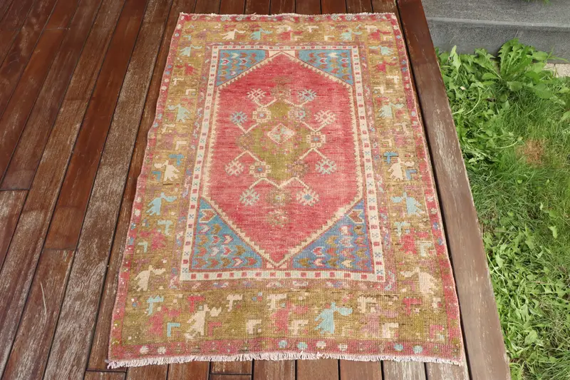 El Yapımı Fas Halısı, 2,2x3,9 ft Kırmızı ve Yeşil