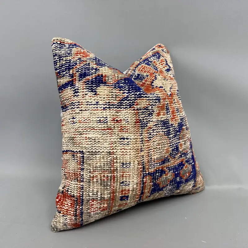 Vintage Kilim Pillow, Cushion, Kilim Rug Cushion, Vintage Pillow Cover, Turkish Pillow, Interior Designer Pillow, 18x18 Blue Pillow Sham - 1