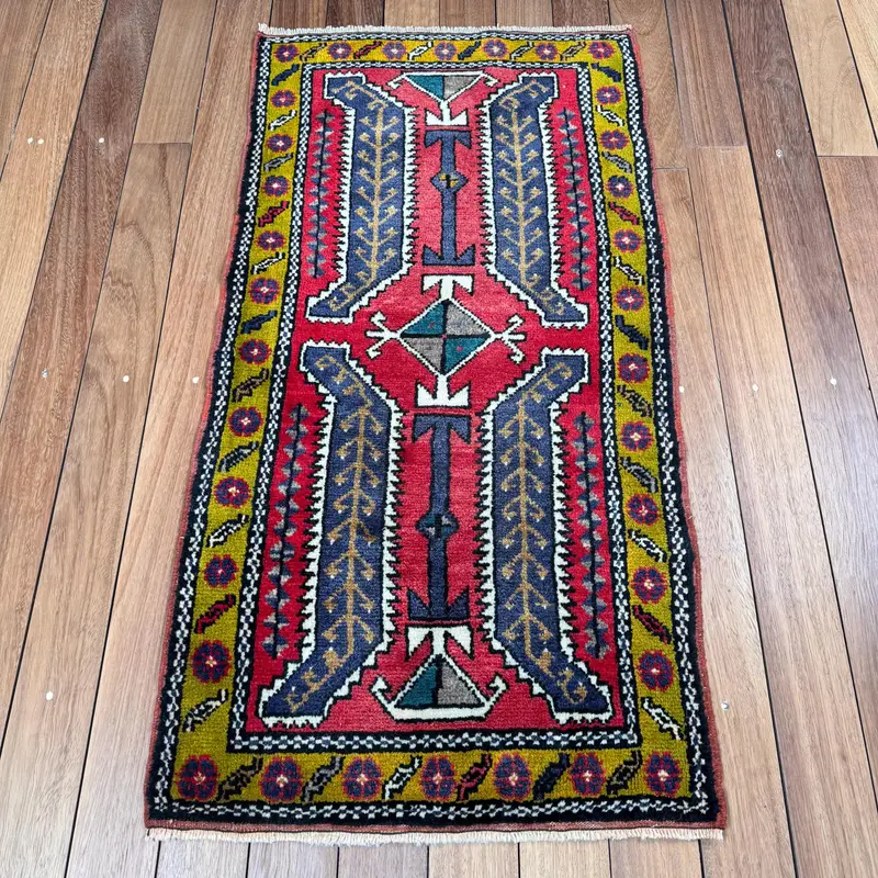 Vintage 2x3.8 ft Rug, Oushak Turkish Rug, Red Ikat Wool Rug - 1