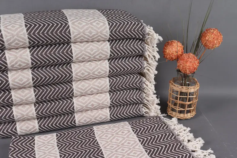 Turkish Beach Towel Brown-Light Beige Chevron Peshtemal, 40x71 Inches