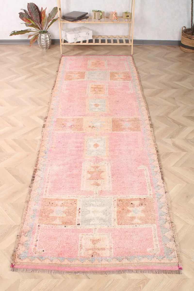 3.3x10.7 ft Turkish Rug, Vintage Runner Rug, Pink Brown Animal Print Rug - 1