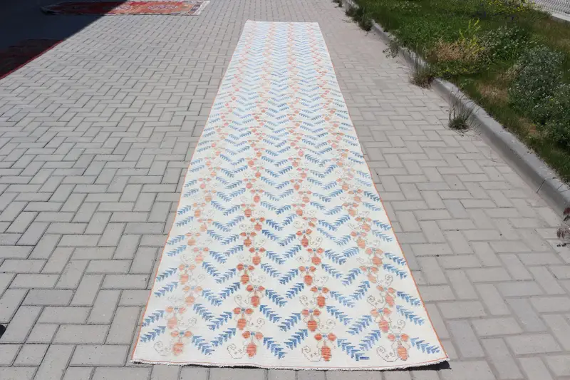 Alfombra turca Oushak de 3,7x21,7 pies, alfombra de lana vintage de lunares blancos - 1
