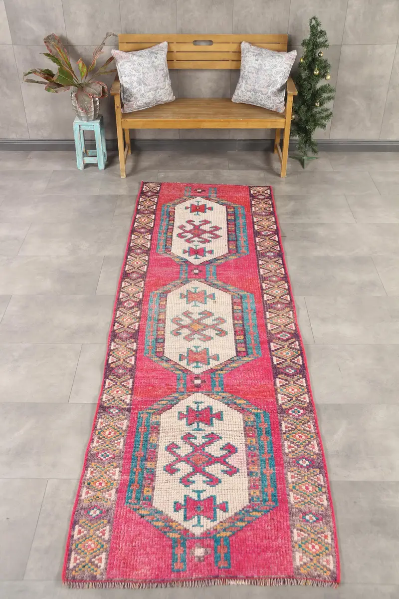 Alfombra Vintage Runner 3.1x9.7 ft, alfombra turca de lana Herki Red Ikat - 1