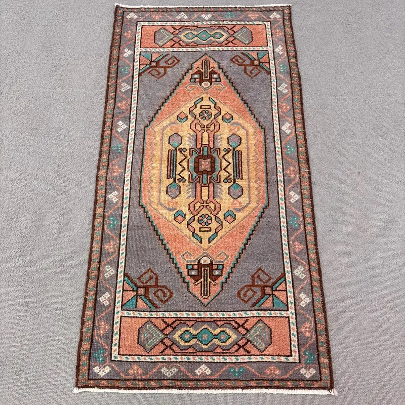 Gray, Orange Patchwork Rug 0,1x3,4 ft, Unique Design