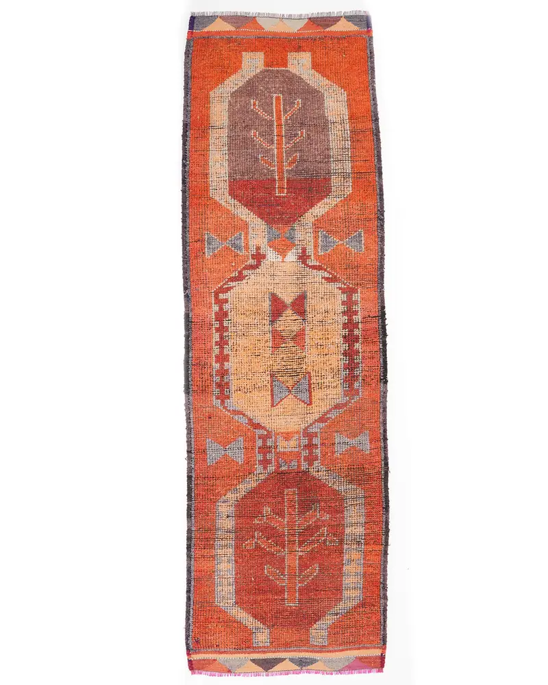 オレンジ イカット ラグ、3.2x10.4 フィート グレー アクセント