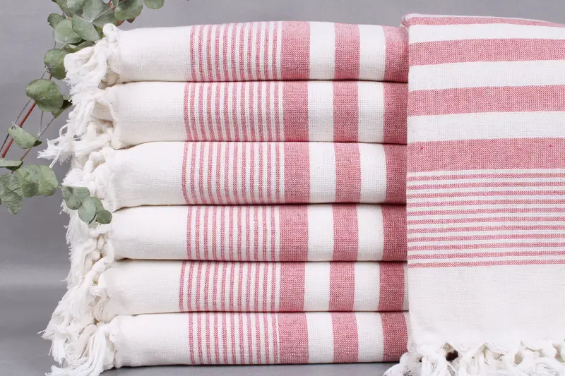 Bath Towel Organic Beach Towel Red Striped, Beige, 40x67 Inches