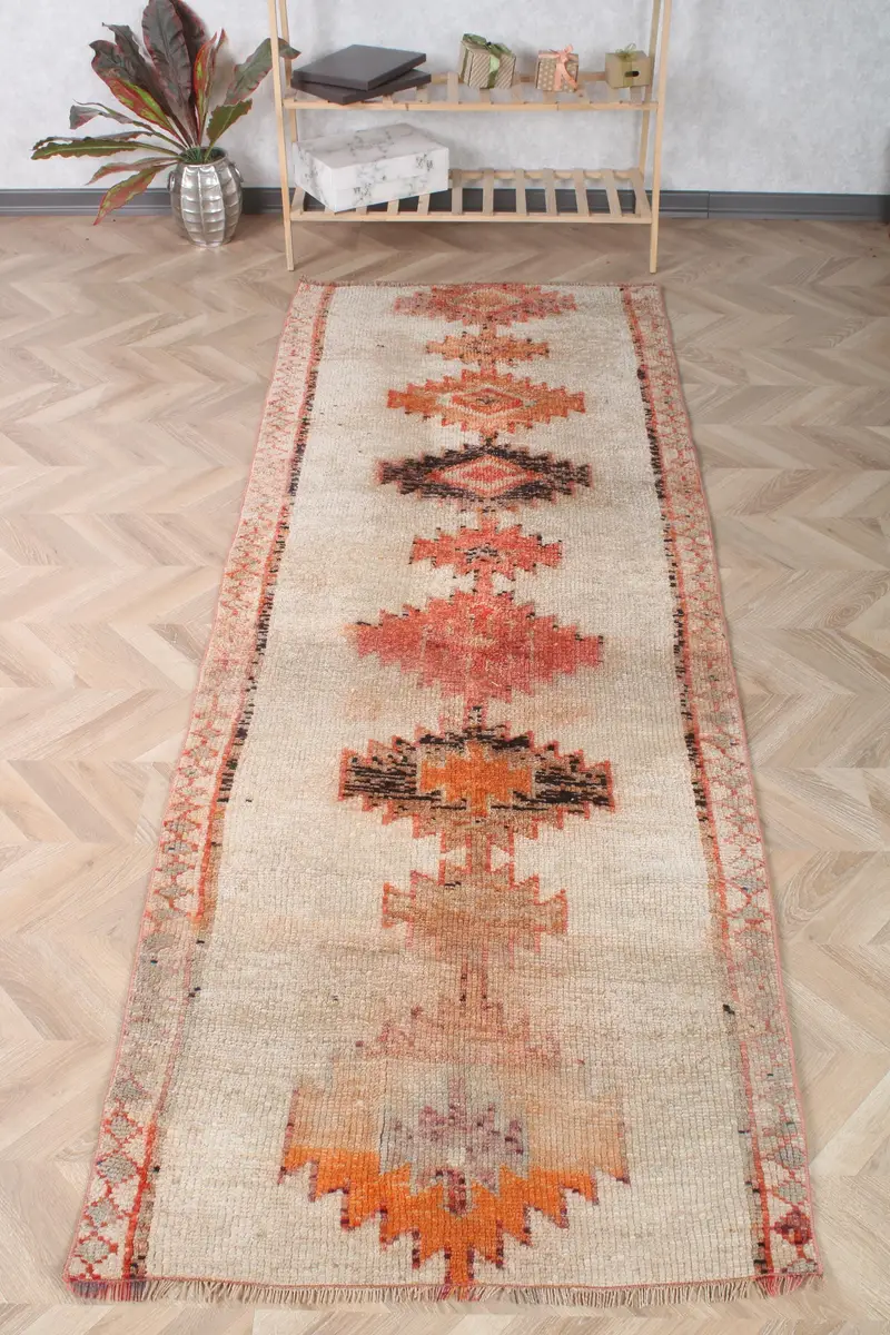 3.1x9.2 ft Runner Turkish Rug, Orange Solid Vintage Rug - 1