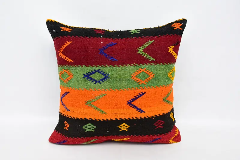 Square Throw Pillow, Moroccan 24x24 inch TexturedOrange Wool Cushion Cover - 1