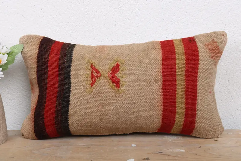 Kilim Pillow, Authentic Cushion Case, Aztec Pillow Case, 8x16 Red Pillow, Ottoman Pillow, Pillow Cover, Gift Pillow, Vintage Kilim Pillow - 2