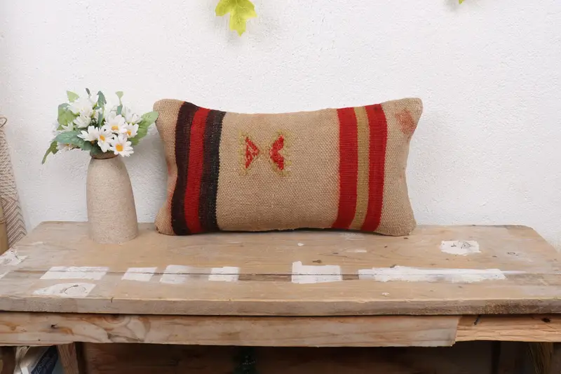 Kilim Pillow, Authentic Cushion Case, Aztec Pillow Case, 8x16 Red Pillow, Ottoman Pillow, Pillow Cover, Gift Pillow, Vintage Kilim Pillow - 1