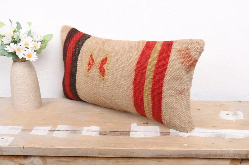 Kilim Pillow, Authentic Cushion Case, Aztec Pillow Case, 8x16 Red Pillow, Ottoman Pillow, Pillow Cover, Gift Pillow, Vintage Kilim Pillow - 4