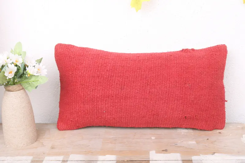 Kilim Cushion Sham, Pillow Cover, Indoor Cushion Case, Pillow for Sofa, 8x16 Red Pillow Sham, Vintage Kilim Throw Pillow, Rustic Cushion Cover - 2