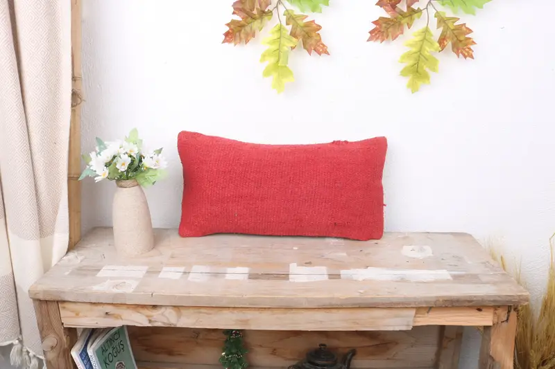 Kilim Cushion Sham, Pillow Cover, Indoor Cushion Case, Pillow for Sofa, 8x16 Red Pillow Sham, Vintage Kilim Throw Pillow, Rustic Cushion Cover - 1