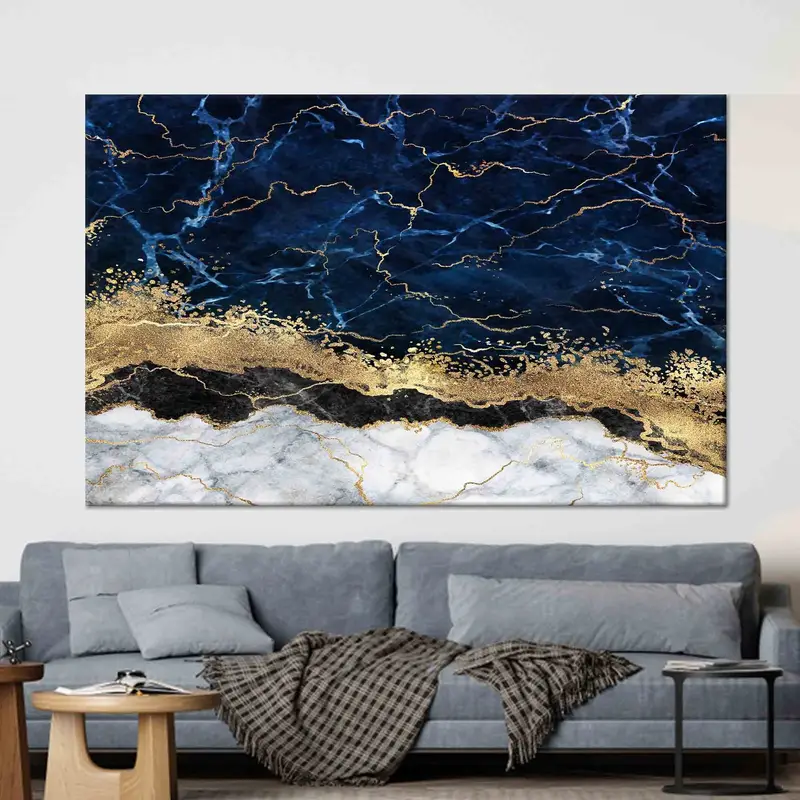 ネイビー ブルー & ゴールドの大理石のコンテンポラリー プリント キャンバス アート