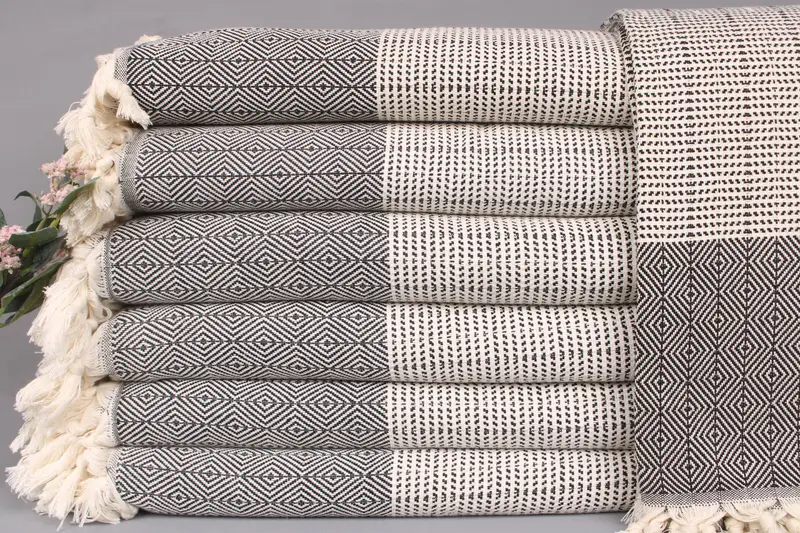 Custom Diamond Throw Cotton Bed Cover, Black with Beige, 71x79 Inches