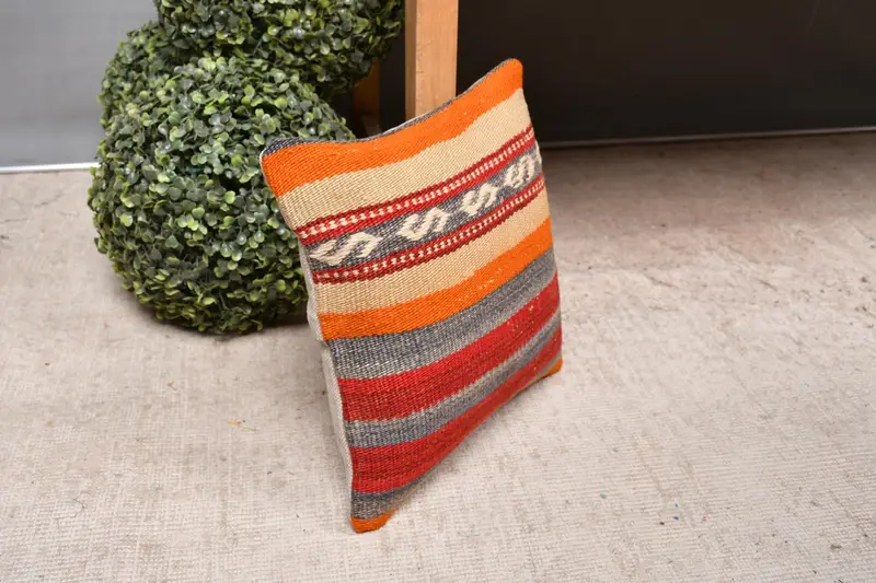 Pillow Case, Decorative Cushion, Vintage Pillow, Vintage Kilim Throw Pillow, 12x12 Red Cushion Case, Interior Designer Pillow - 7