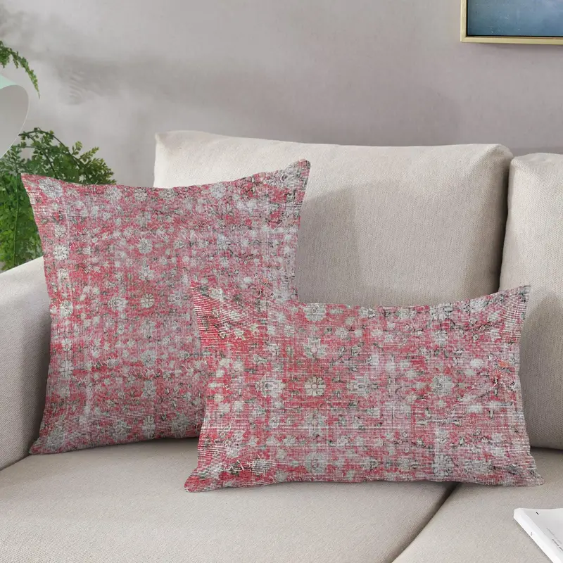 Kırmızı & Kahverengi Vintage Desenli Baskılı Yastık - Ev Dekorasyonu Vurgusu