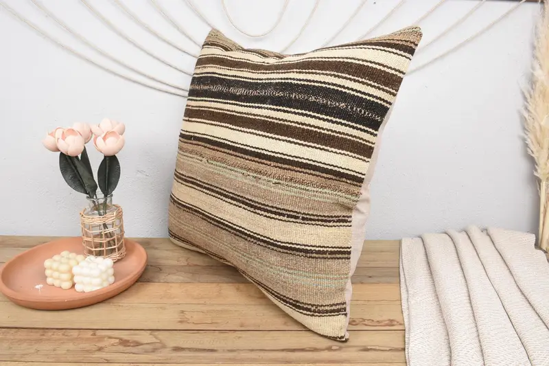 Toss Pillow, Handmade Cushion, Home Decor Pillow, Turkish Pillow, 24x24 Beige Pillow, Throw Kilim Pillow, Outdoor Cushion Cover, Pillow - 4