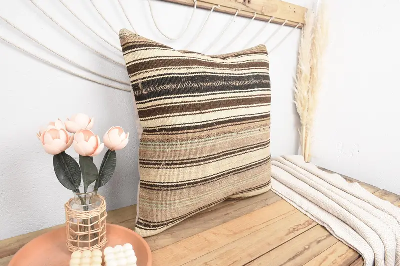 Toss Pillow, Handmade Cushion, Home Decor Pillow, Turkish Pillow, 24x24 Beige Pillow, Throw Kilim Pillow, Outdoor Cushion Cover, Pillow - 1