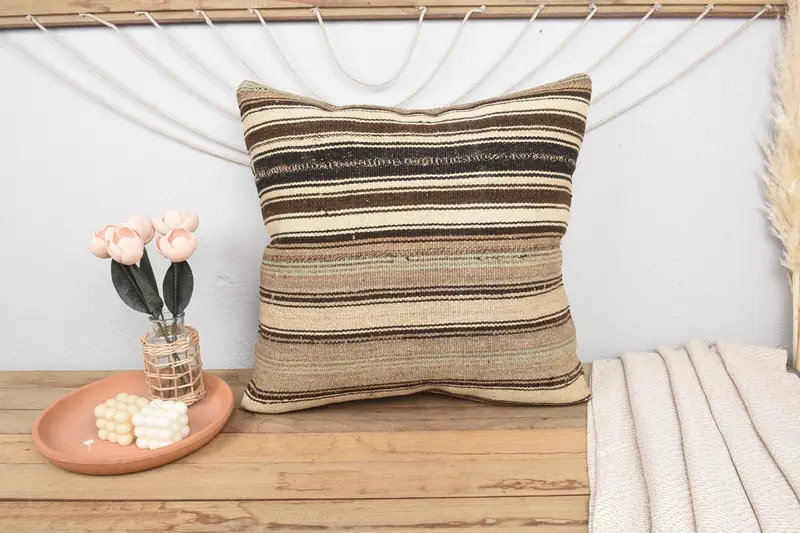 Toss Pillow, Handmade Cushion, Home Decor Pillow, Turkish Pillow, 24x24 Beige Pillow, Throw Kilim Pillow, Outdoor Cushion Cover, Pillow - 2
