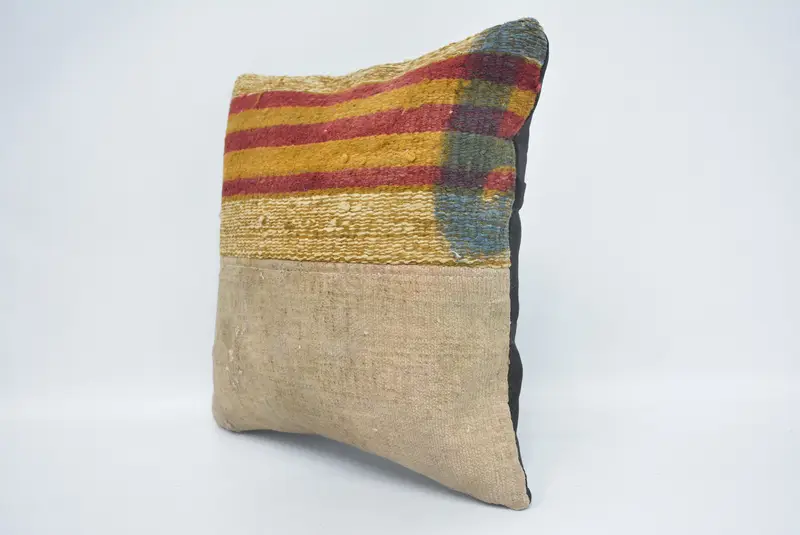 Kilim Cushion Sham, Bench Pillow Cover, Boho Pillow Sham Cover, 14x14 Beige Pillow Case, Pillow for Couch, Meditation Pillow Case, Cushion Case - 4