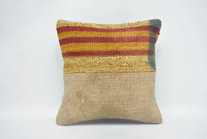 Kilim Cushion Sham, Bench Pillow Cover, Boho Pillow Sham Cover, 14x14 Beige Pillow Case, Pillow for Couch, Meditation Pillow Case, Cushion Case - 1