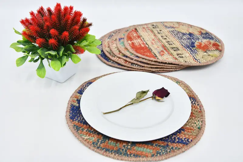 Blaue und rote böhmische Kreis-Tischsets, Esszimmerdekoration aus Baumwolle und Wolle