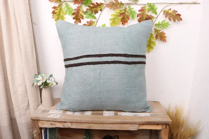 Green & Brown Striped Throw Pillow, Embroidered Vintage Cushion