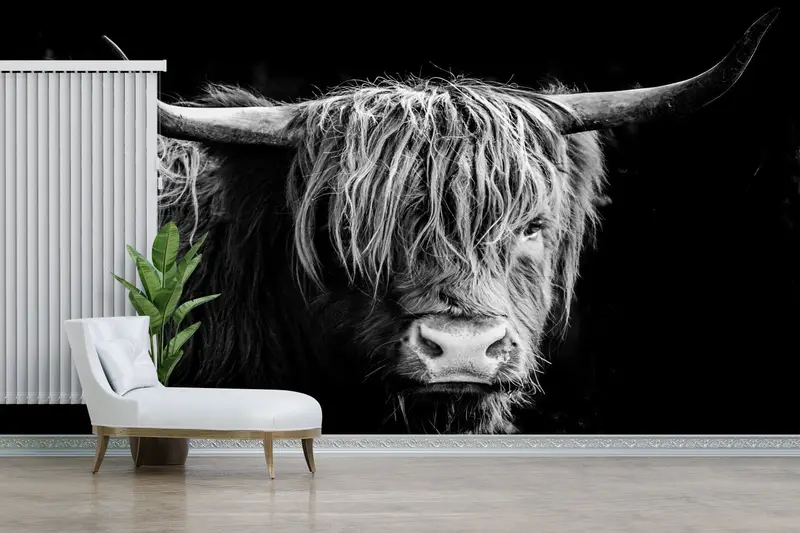 Bull, Cow Wall Paper, Scottish Highland Cattle Wall Mural, Wildlife Wallpaper, Wild Bull Wall Art, Horned Bull Wall Mural, - 2