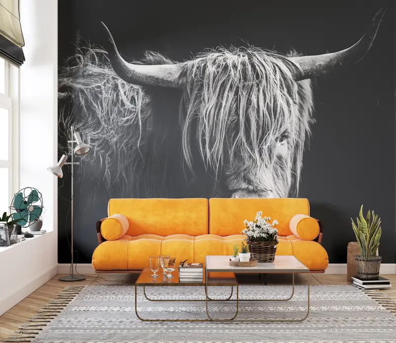 Bull, Cow Wall Paper, Scottish Highland Cattle Wall Mural, Wildlife Wallpaper, Wild Bull Wall Art, Horned Bull Wall Mural, - 7