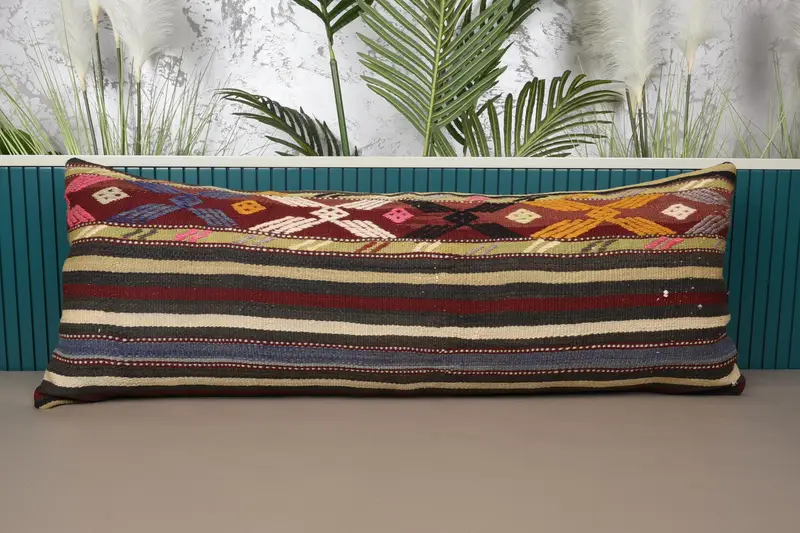 Rot & Beige gestreiftes Wurfkissen, 16x42 handgemachtes Kissen