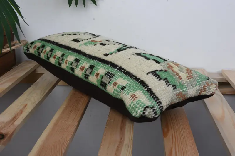 Art Deco Cushion, 8x16 Green Cushion, Kilim Cushion Sham, Turkish Kilim Pillow, Cushion, Handmade Kilim Cushion, Southwestern Pillow Sham - 6