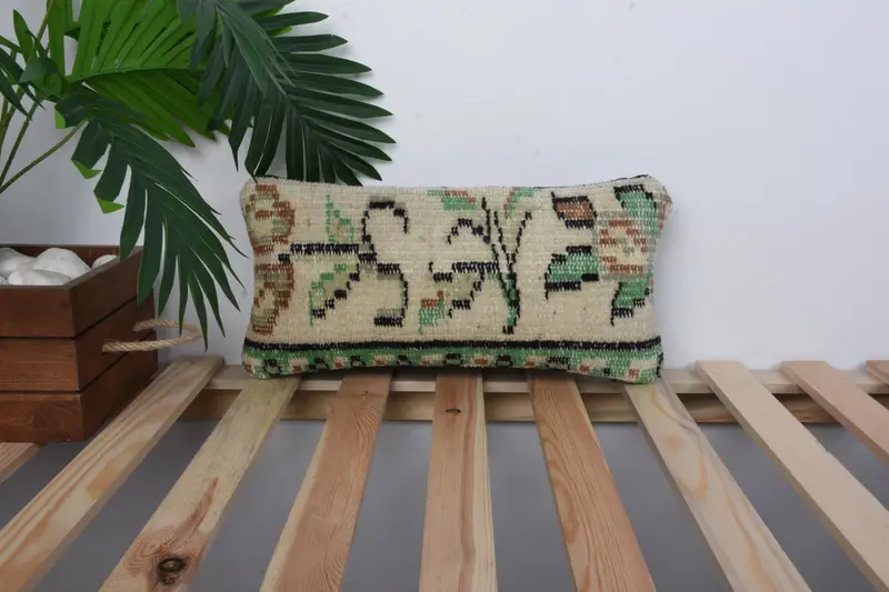 Art Deco Cushion, 8x16 Green Cushion, Kilim Cushion Sham, Turkish Kilim Pillow, Cushion, Handmade Kilim Cushion, Southwestern Pillow Sham - 1
