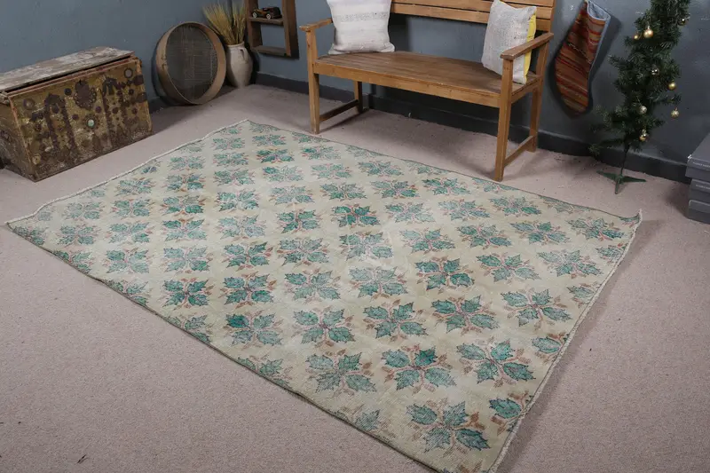 Türk Vintage Halısı 5.3x8.1 ft (162x246 cm), Oushak Yeşil Kahverengi Oryantal Halı - 1