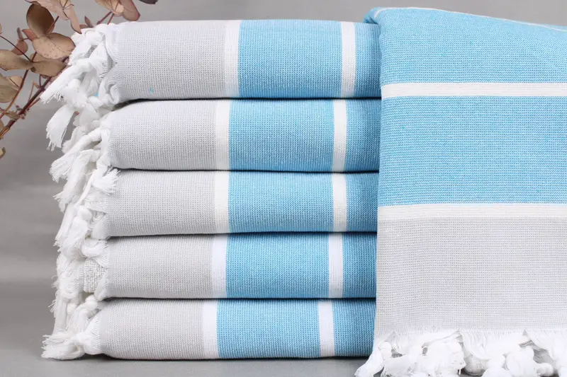 Organic Cotton Towel Bath, Personalized Terry Peshtemal, Turquoise Stripes, 40x63 Inches