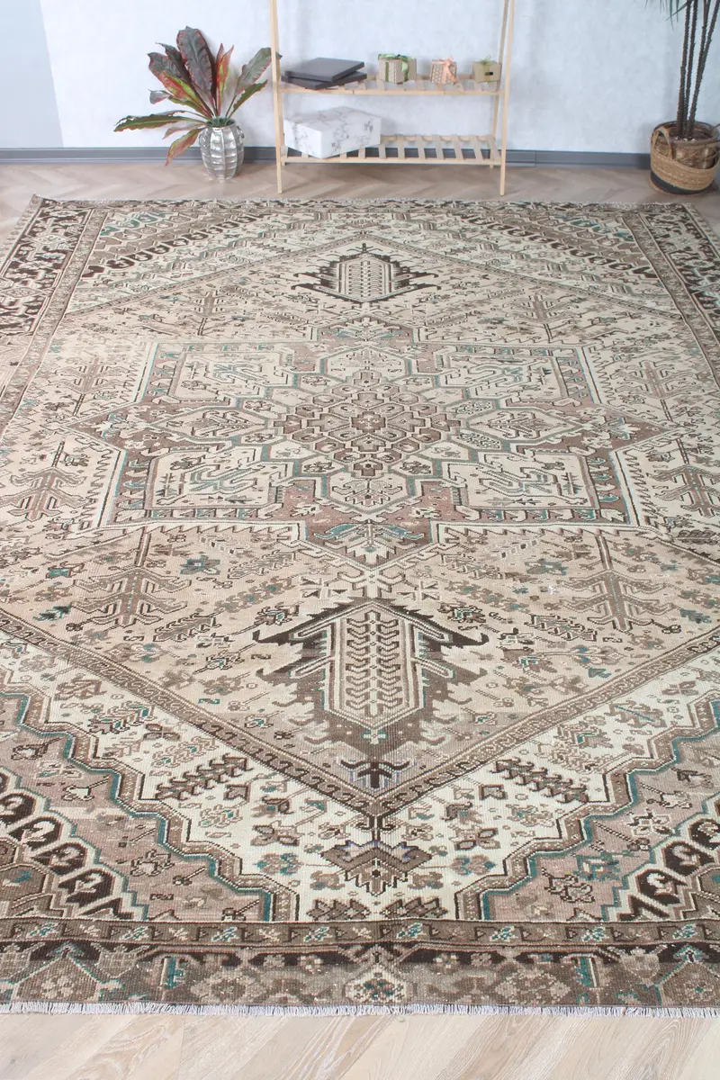 Vintage Türk Halısı, 9.5x12.1 ft Büyük Boy Halı, Kahverengi Mavi Ombré Halı - 1