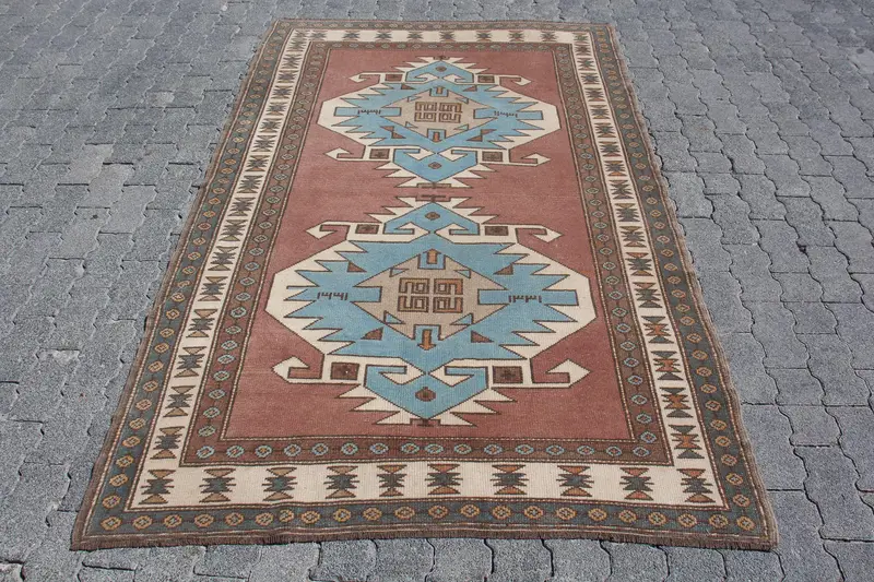 Türk Vintage Halı, 4.6x7 ft Oushak Halı, Kahverengi Çizgili Yün Halı - 1
