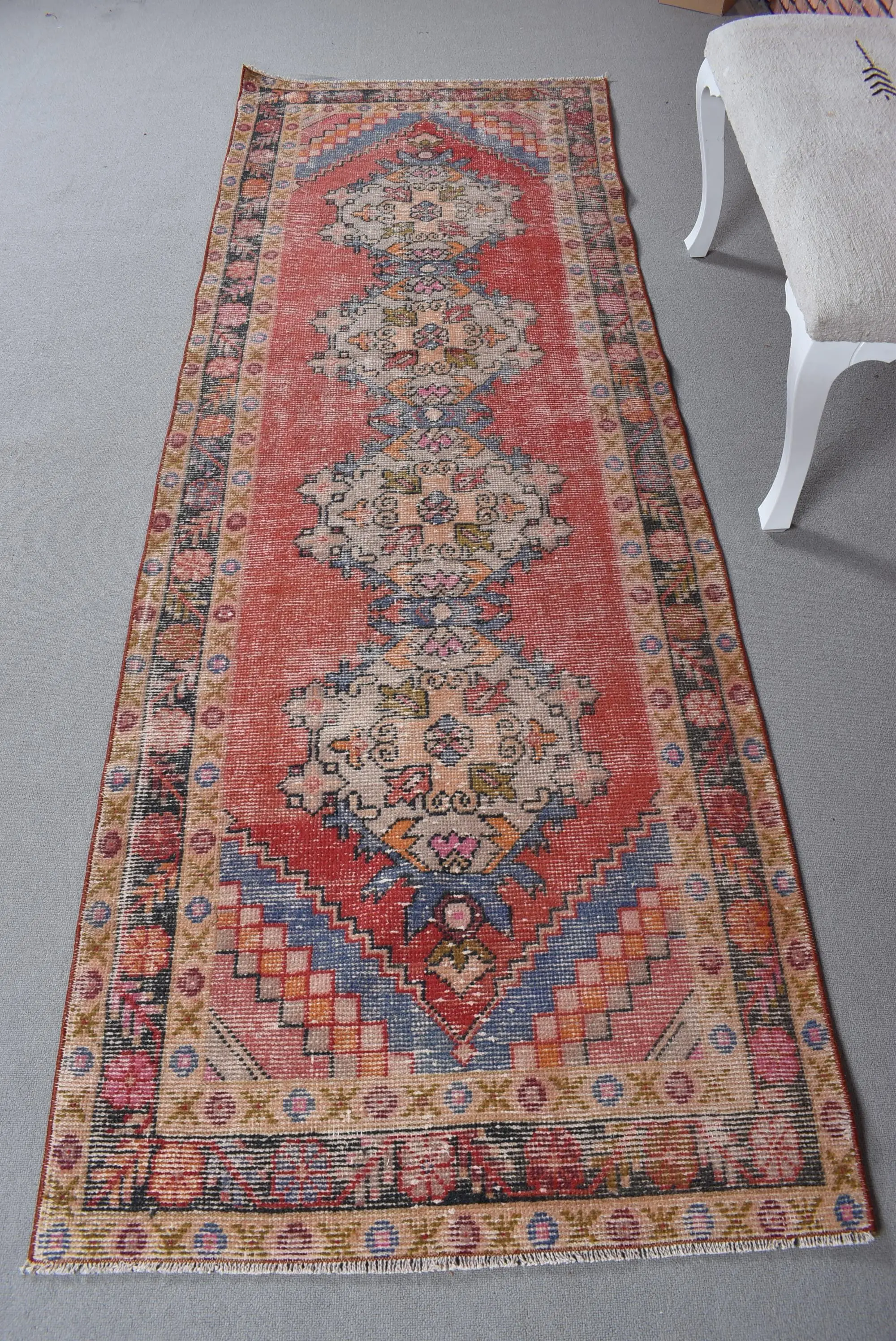 3x8.9 ft Runner Turkish Vintage Rug, Red Wool Rug - 1